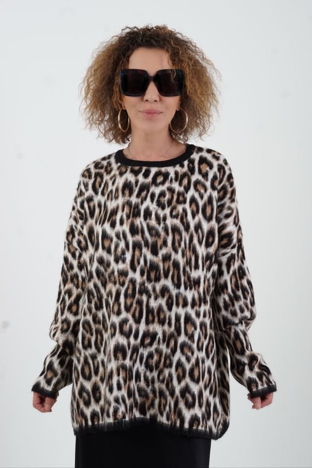 Kahve Leopar Şardonlu Bluz