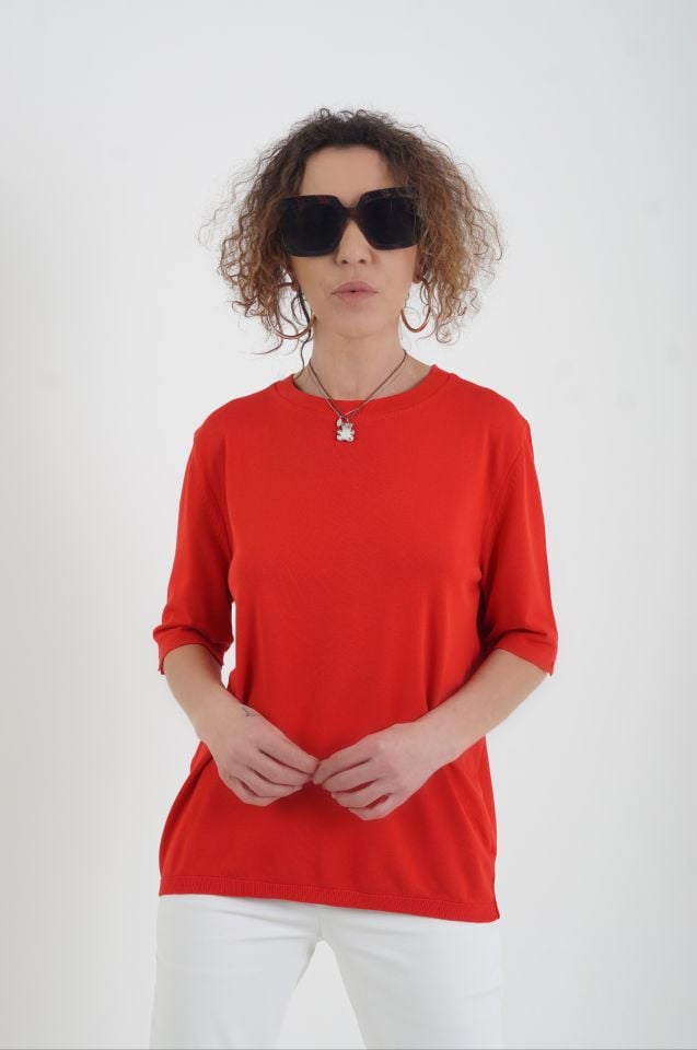 Kırmızı Bisiklet  Yaka Arka Damla Kısa Kol Kazak