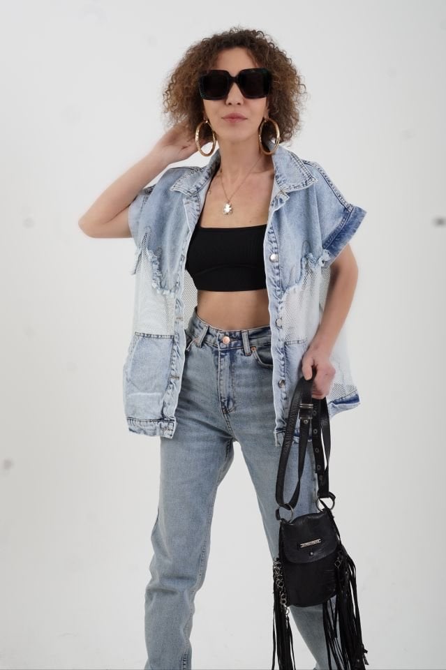 Mavi Kanguru Cepli File Detaylı Denim Yelek
