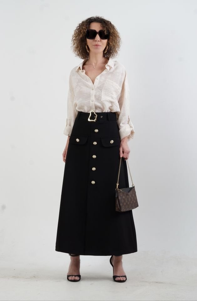 Siyah Gold Düğmeli Kemerli Etek