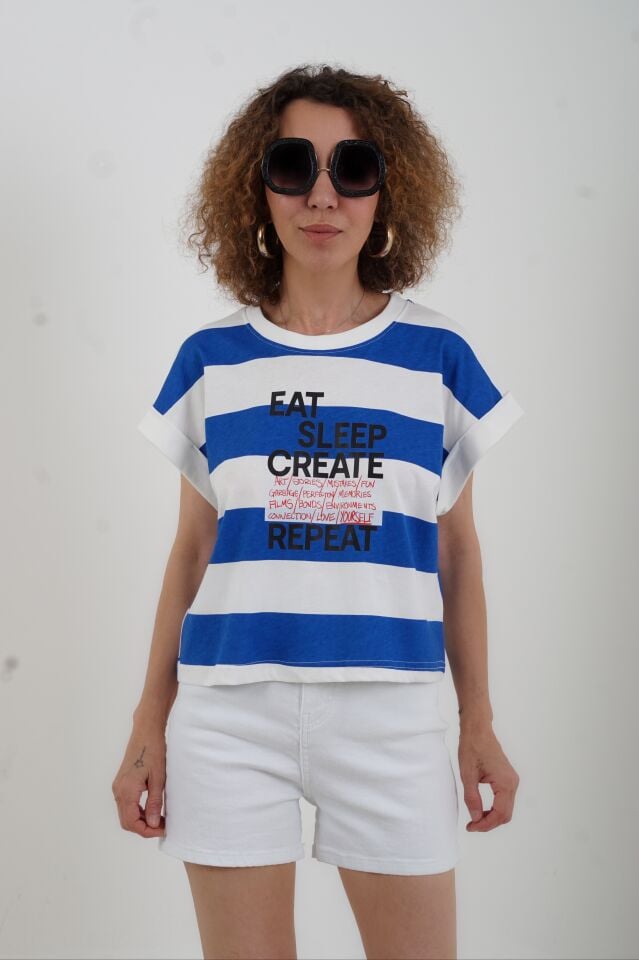 Mavi Çizgili Eat Sleap Baskılı Oversize Tshirt
