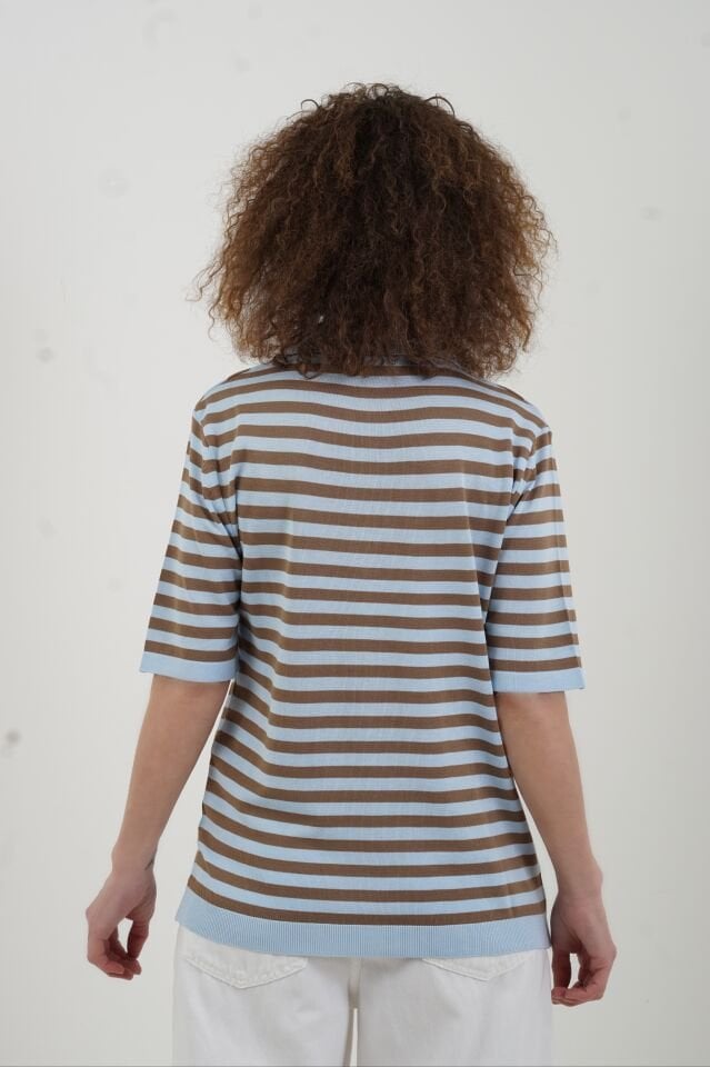 Bebe Mavi Koyu Camel Polo Yaka İnce Çizgili Kısa Kol Kazak