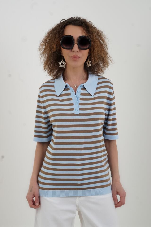 Bebe Mavi Koyu Camel Polo Yaka İnce Çizgili Kısa Kol Kazak
