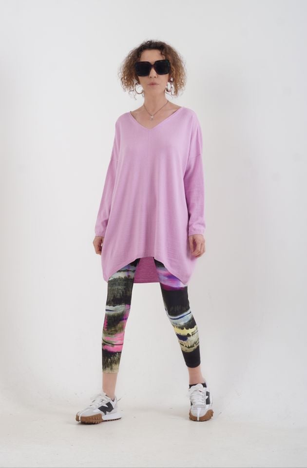 Gül Pembe Ön Arka V Yaka Bantlı Kazak