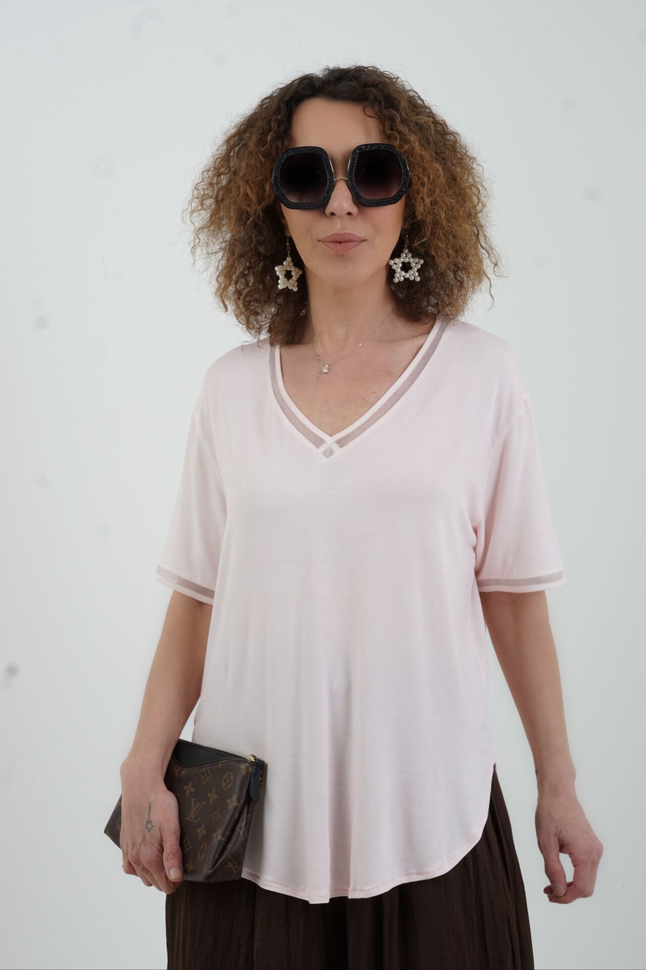 Pembe Simli V Yaka Yıkamalı Modal Tshirt