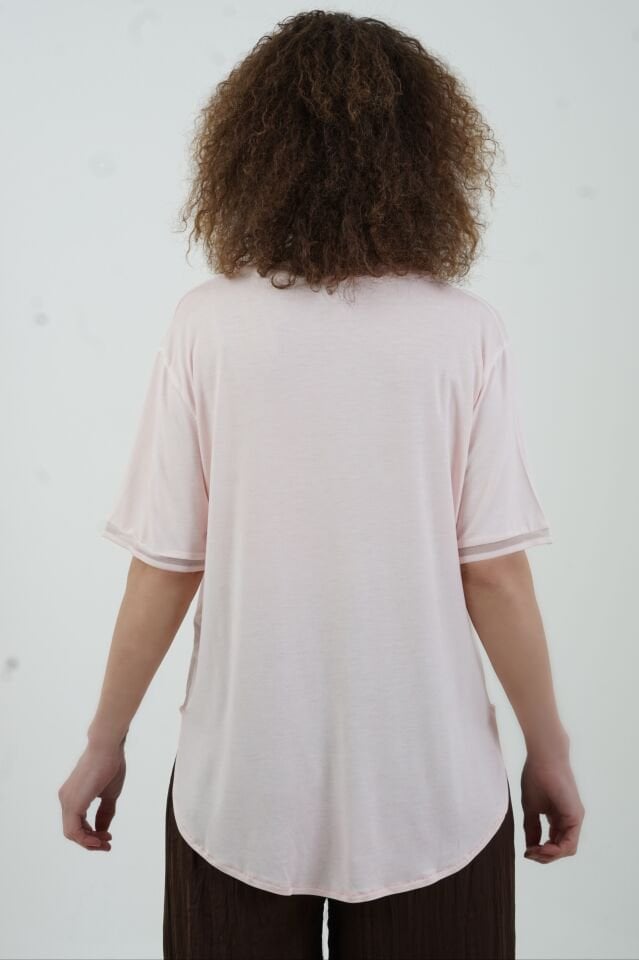 Pembe Simli V Yaka Yıkamalı Modal Tshirt