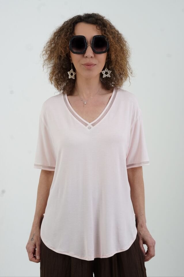 Pembe Simli V Yaka Yıkamalı Modal Tshirt
