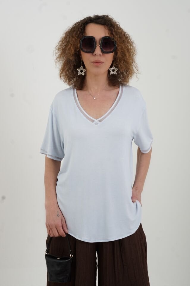 Mavi Simli V Yaka Yıkamalı Modal Tshirt