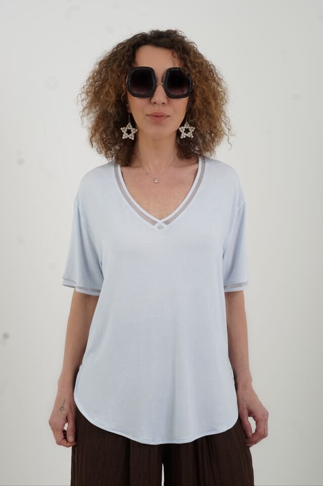 Mavi Simli V Yaka Yıkamalı Modal Tshirt