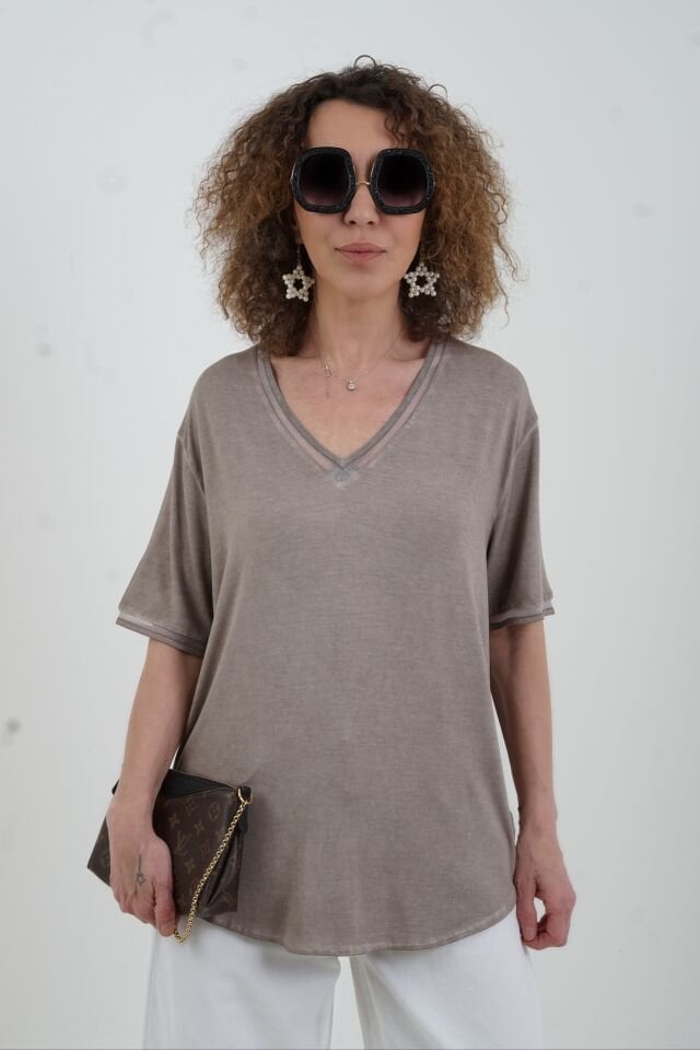 Kahve Simli V Yaka Yıkamalı Modal Tshirt