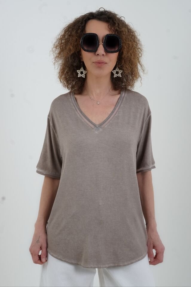 Kahve Simli V Yaka Yıkamalı Modal Tshirt