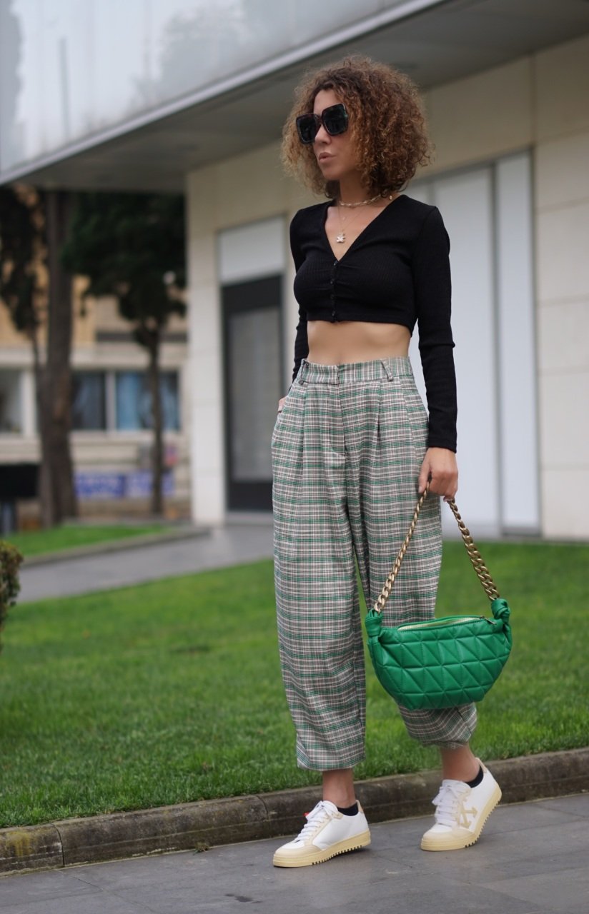 Ekose Desen Şalvar Pantolon YEŞİL - 34