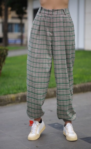 Ekose Desen Şalvar Pantolon YEŞİL - 34