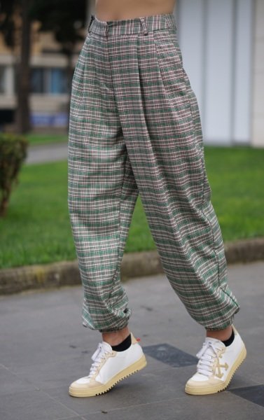 Ekose Desen Şalvar Pantolon YEŞİL - 38