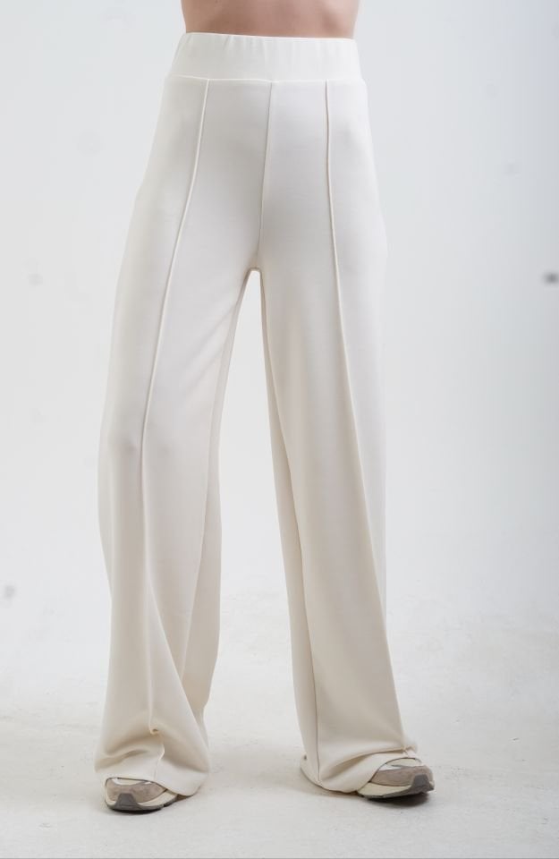 Krem Modal Kumaş Nervürlü Geniş Paça Pantolon