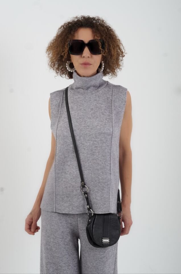 Gri Triko Görünümlü Örme Pantolon Kolsuz Bluz Takım