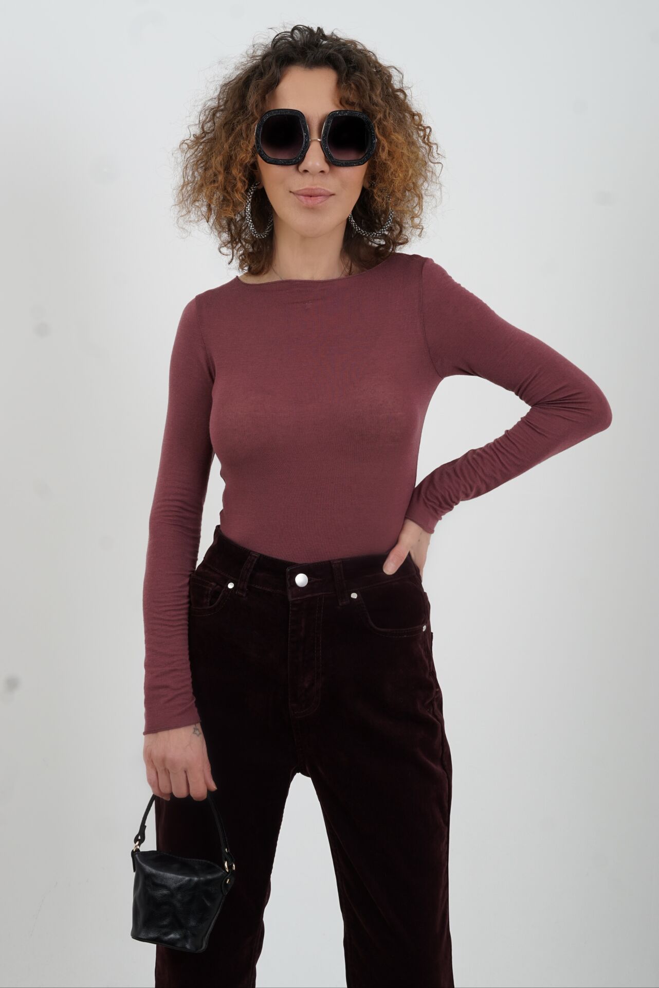 Mürdüm Kayık Yaka Modal Kaşmir Bluz