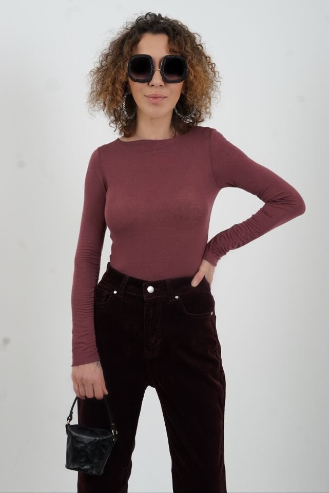 Mürdüm Kayık Yaka Modal Kaşmir Bluz