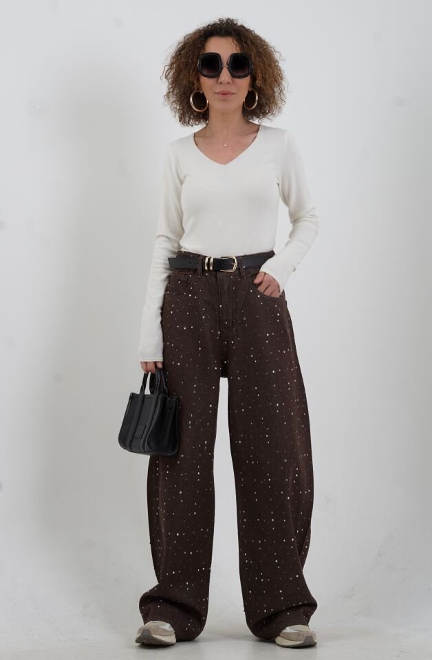 Kahve Taşlı Denim Pantolon