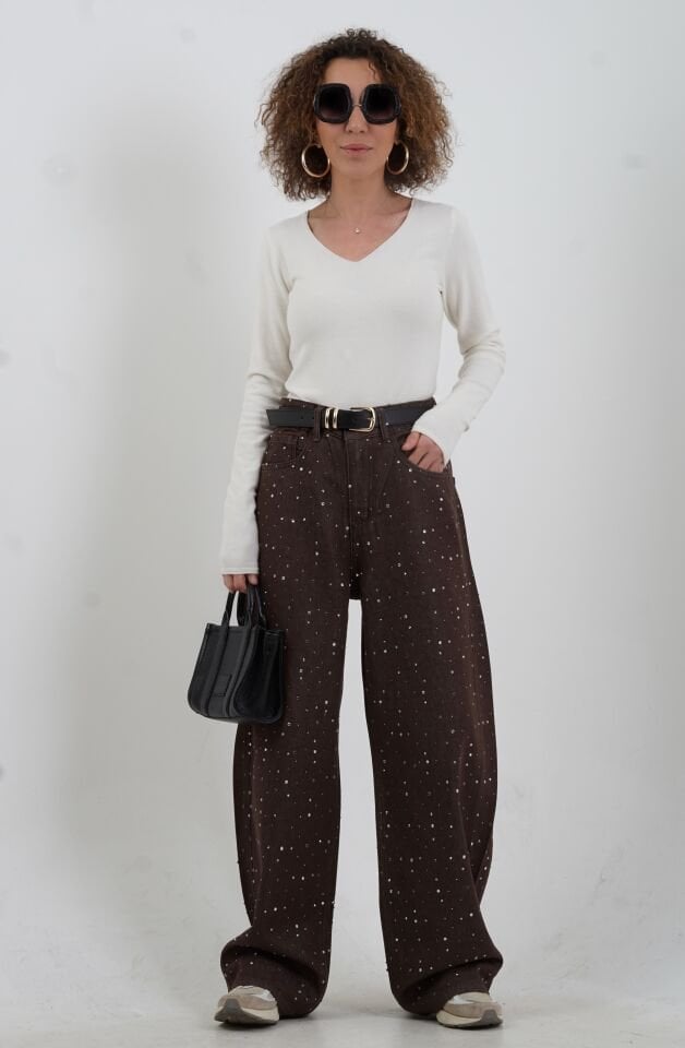 Kahve Taşlı Denim Pantolon