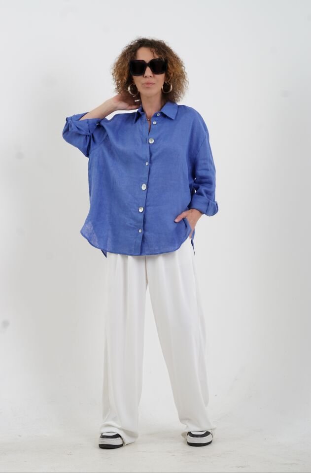 Mavi Düğme Detay Naturel Keten Gömlek