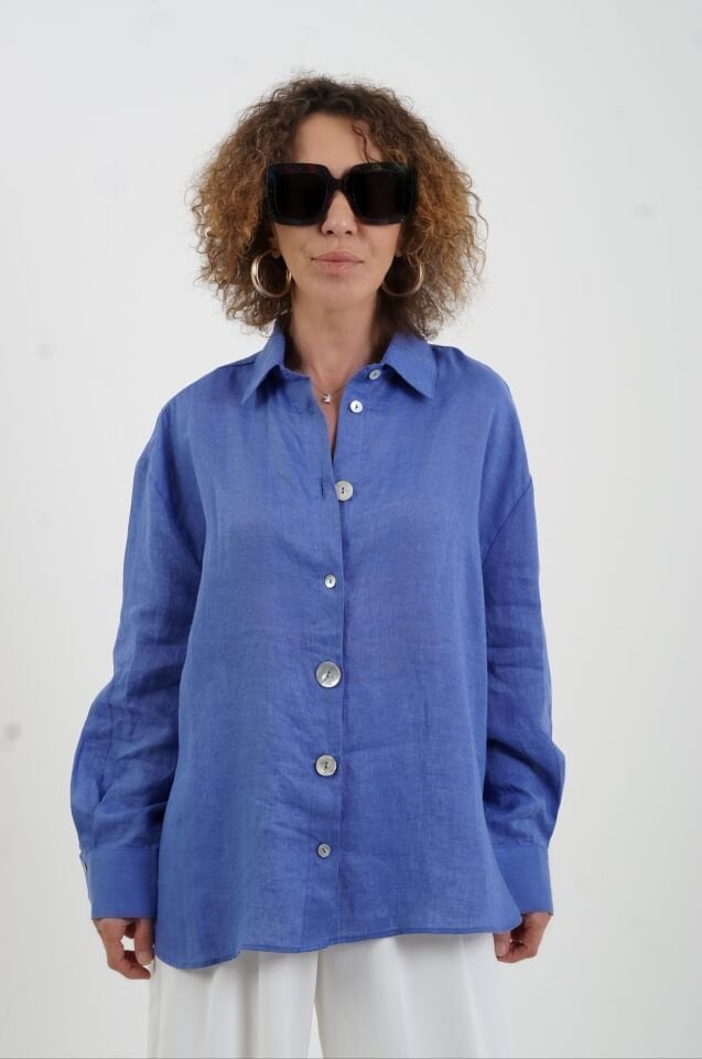 Mavi Düğme Detay Naturel Keten Gömlek