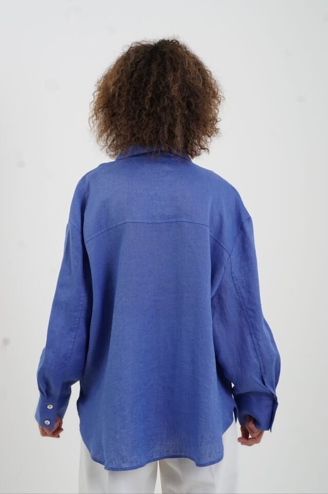 Mavi Düğme Detay Naturel Keten Gömlek