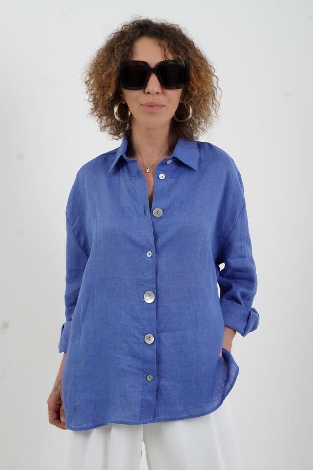 Mavi Düğme Detay Naturel Keten Gömlek