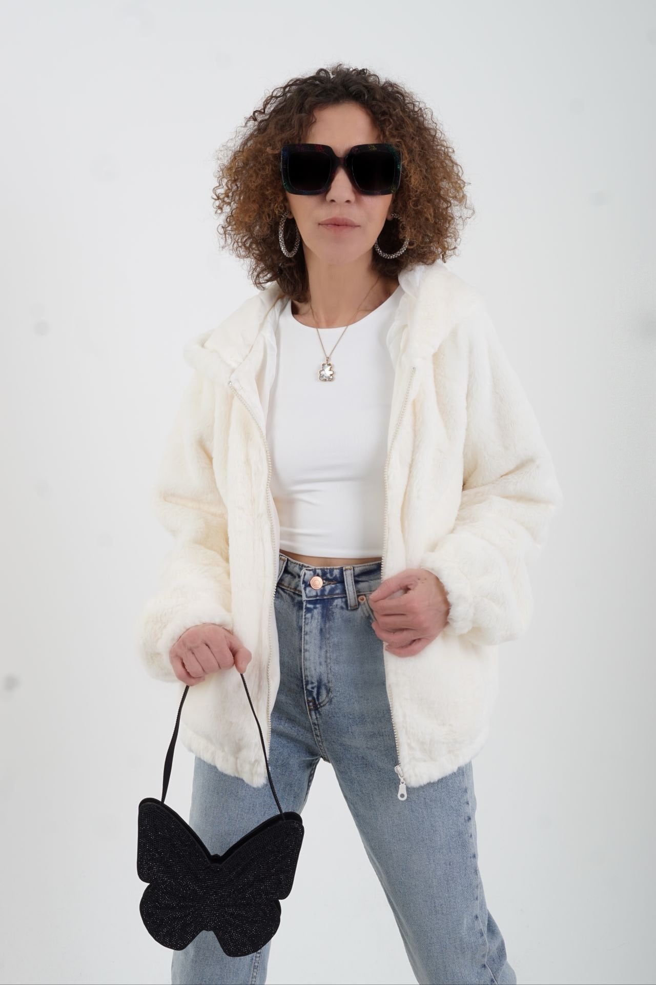 Ekru Kapüşonlu Suni Kürk Mont