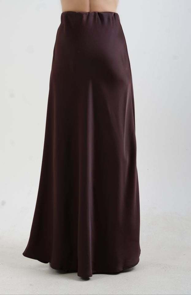 Acı Kahve Tok Saten Maxi Boy Etek