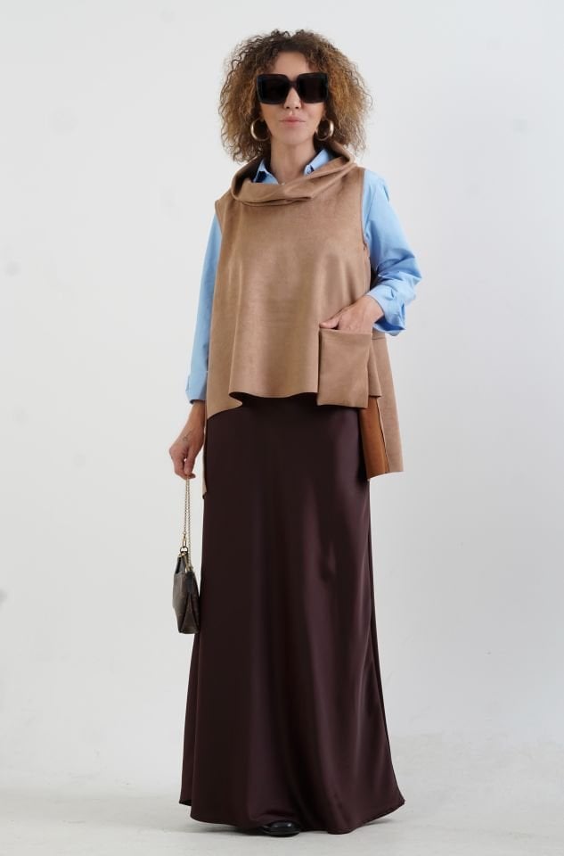 Acı Kahve Tok Saten Maxi Boy Etek