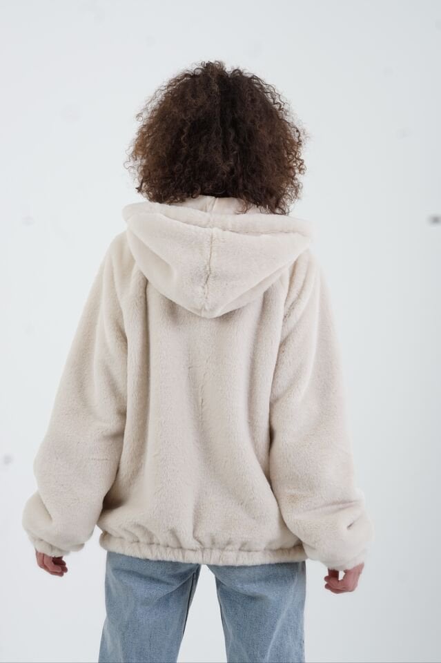 Bej Kapüşonlu Suni Kürk Mont