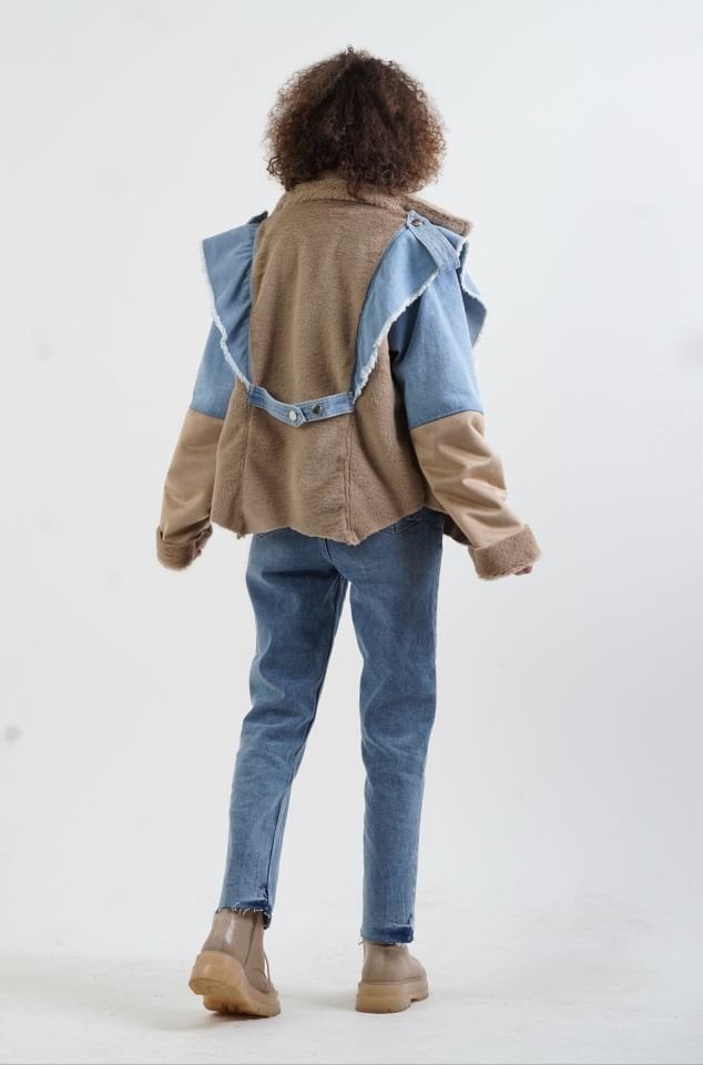 Bej Denim Detaylı Suni Kürk Güderi Mix Mont