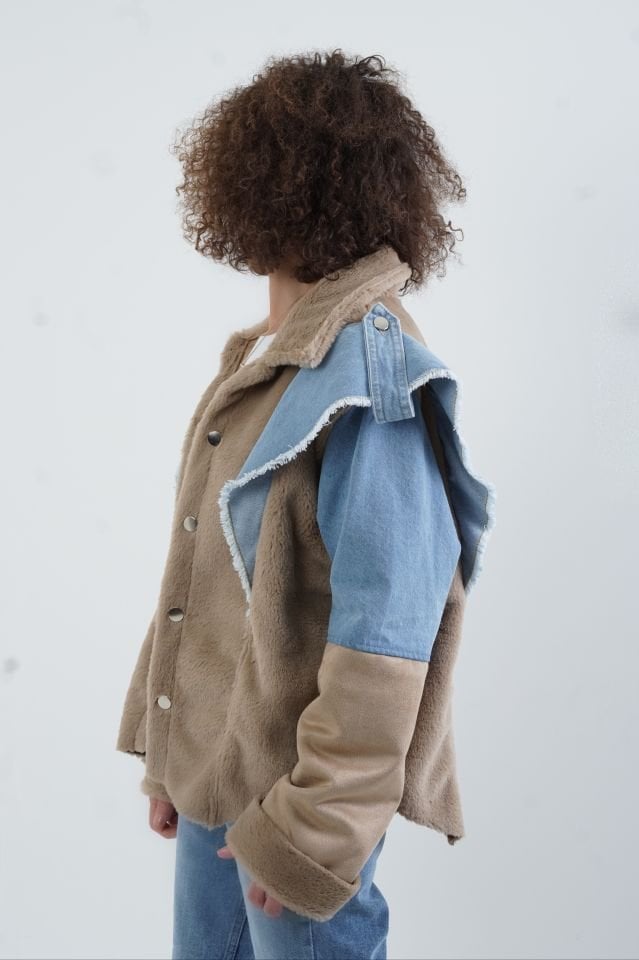 Bej Denim Detaylı Suni Kürk Güderi Mix Mont