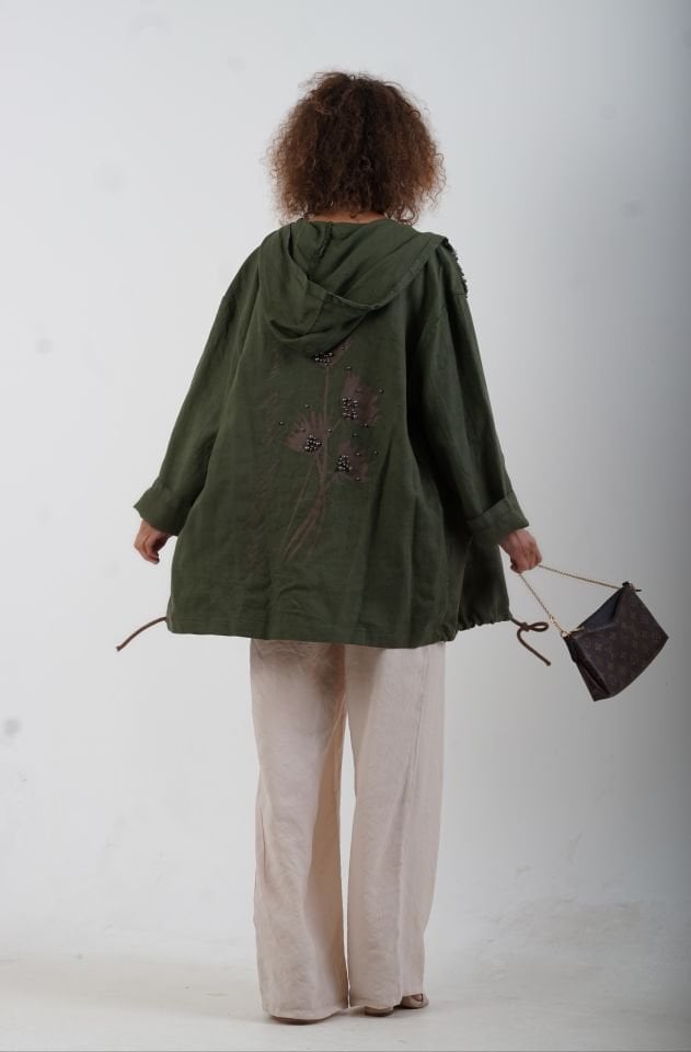 Haki Arkası Baskılı Kapüşonlu Salaş Ceket