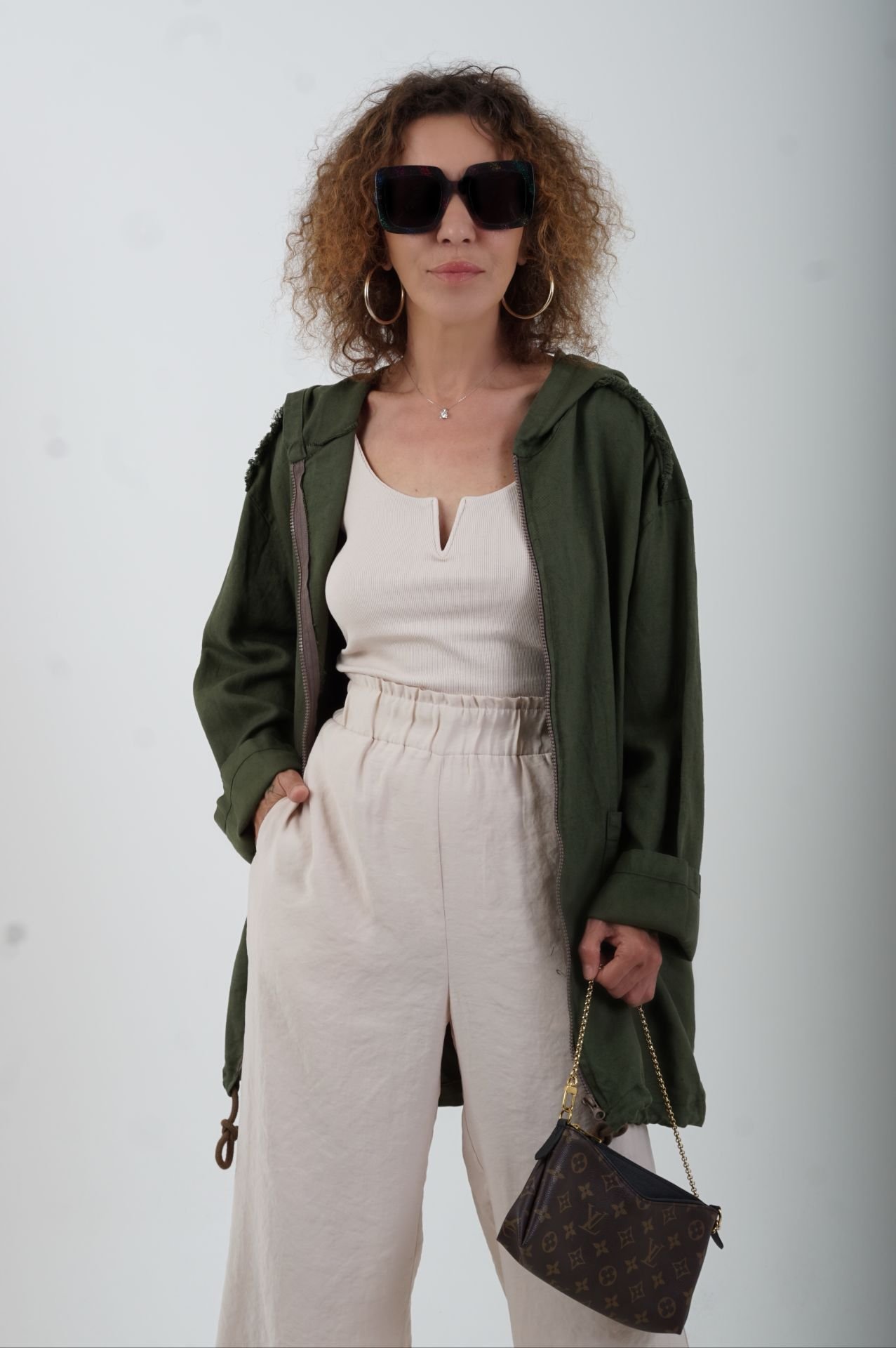 Haki Arkası Baskılı Kapüşonlu Salaş Ceket