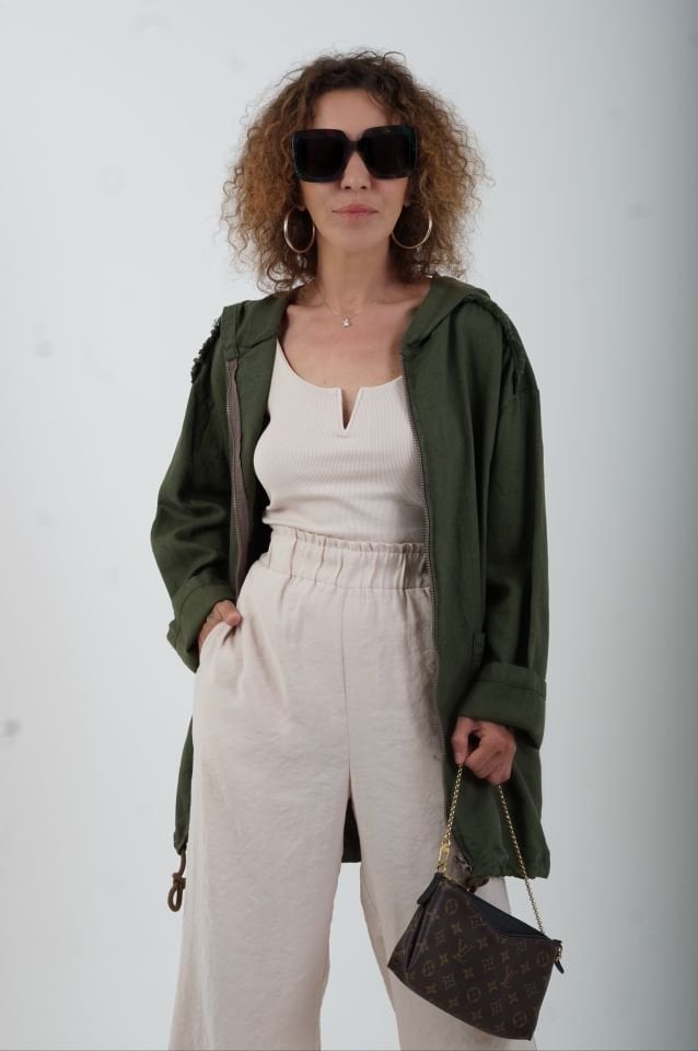 Haki Arkası Baskılı Kapüşonlu Salaş Ceket