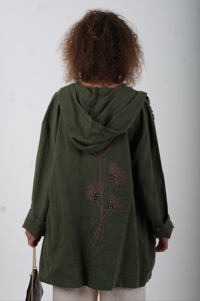 Haki Arkası Baskılı Kapüşonlu Salaş Ceket