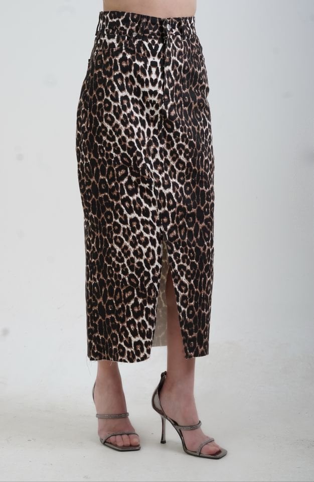 Leopar Desenli Yırtmaçlı Etek