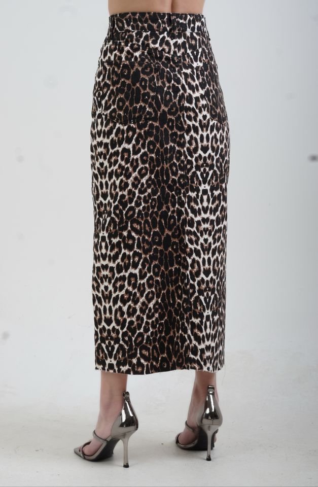 Leopar Desenli Yırtmaçlı Etek