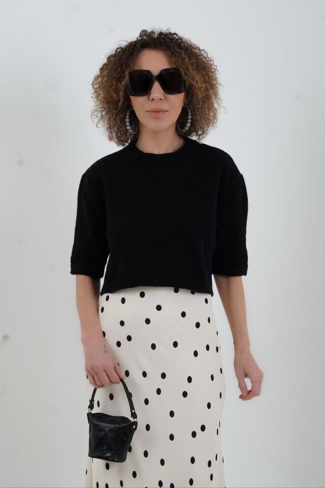 Krem Puantiye Desen Saten Verev Etek