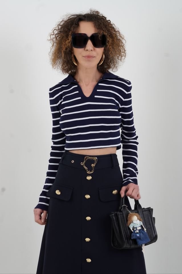 Lacivert Polo Yaka Çizgili Uzun Kollu Kazak