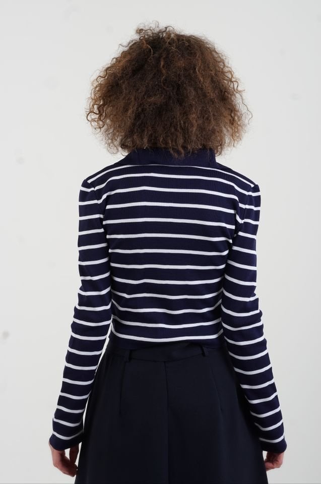 Lacivert Polo Yaka Çizgili Uzun Kollu Kazak