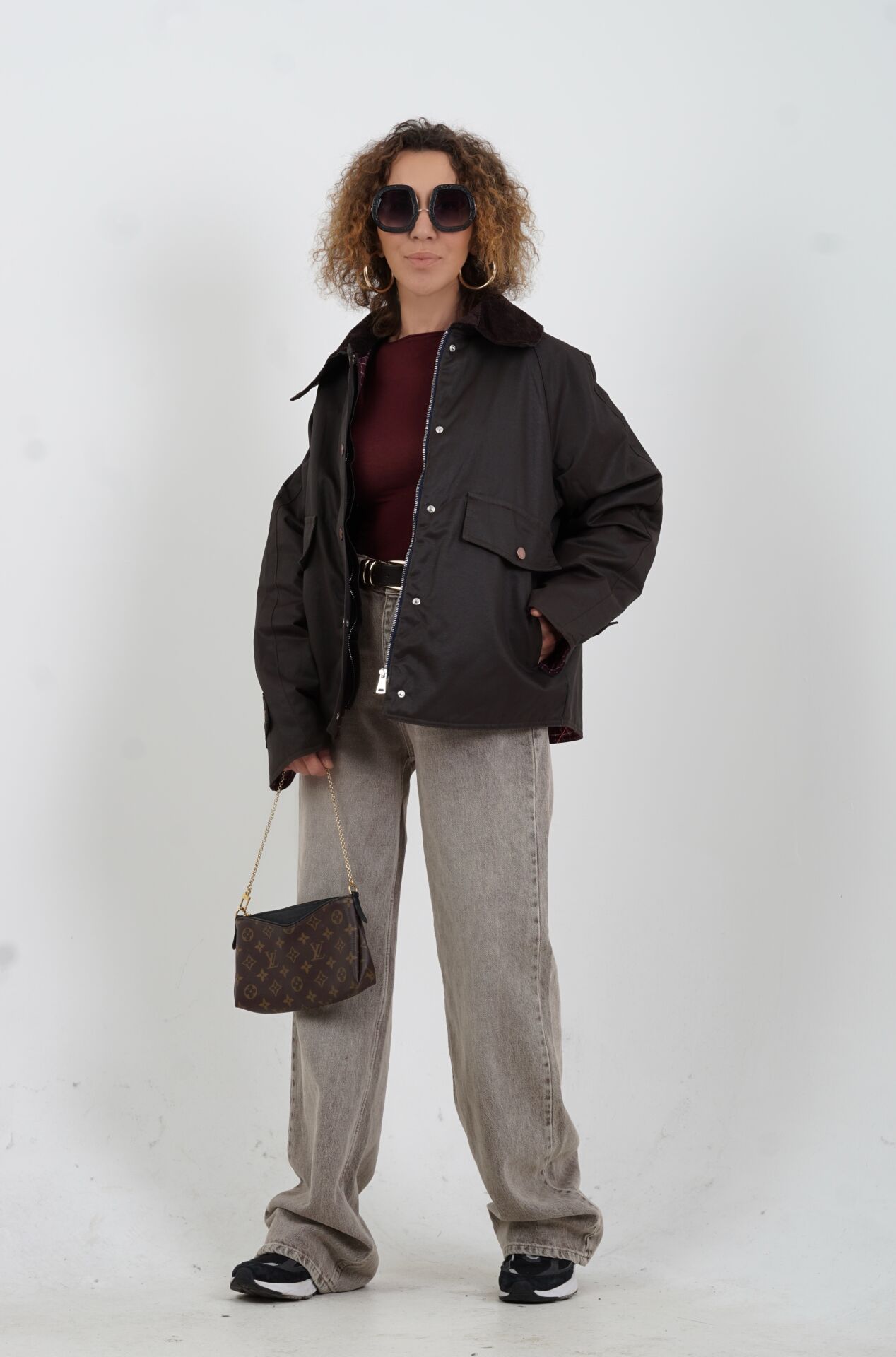 Koyu Kahve Kadife Yaka İçi Ekose Kapitone Ceket