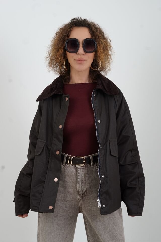 Koyu Kahve Kadife Yaka İçi Ekose Kapitone Ceket