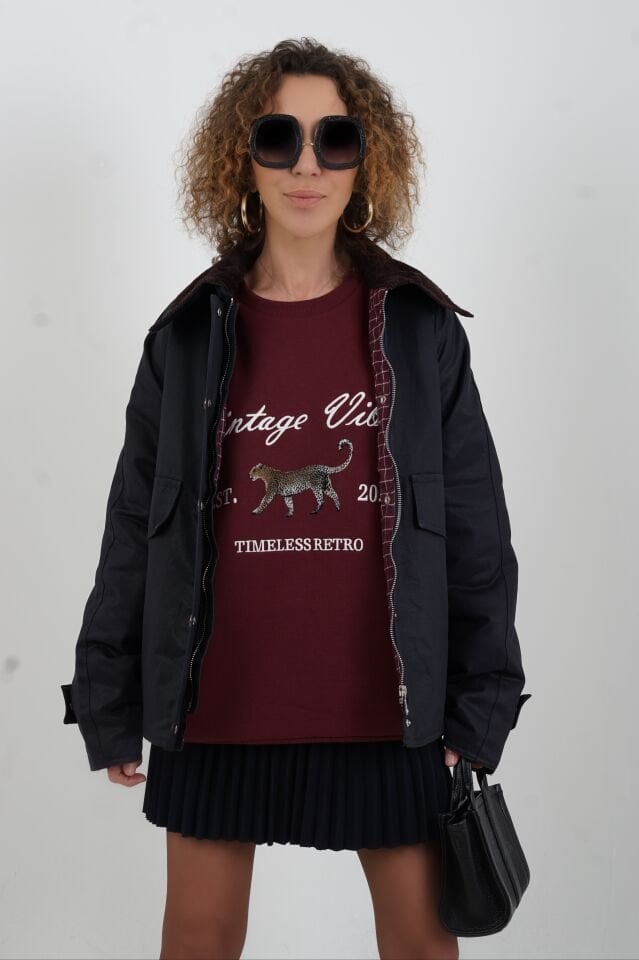 Lacivert Kadife Yaka İçi Ekose Kapitone Ceket