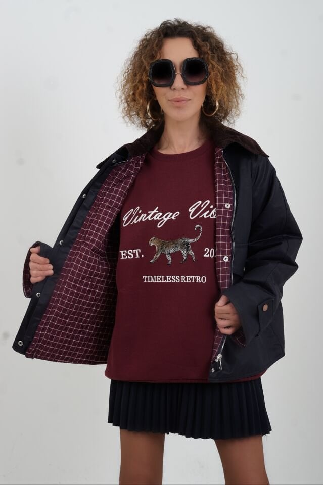 Lacivert Kadife Yaka İçi Ekose Kapitone Ceket