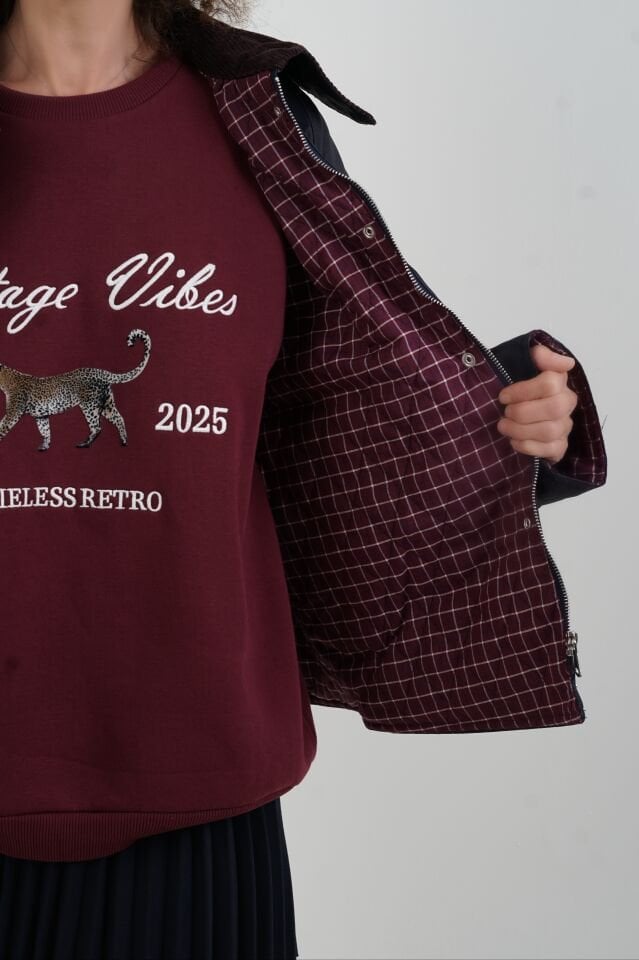 Lacivert Kadife Yaka İçi Ekose Kapitone Ceket