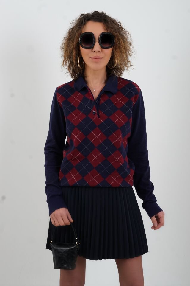 Bordo Lacivert Baklava Desen Polo Yaka Kazak