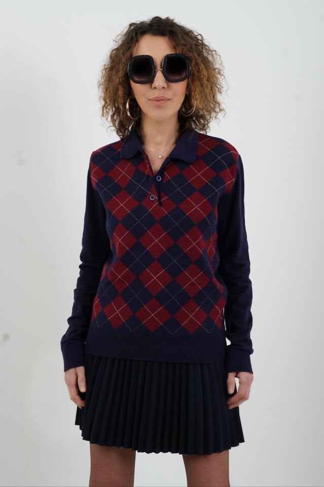 Bordo Lacivert Baklava Desen Polo Yaka Kazak